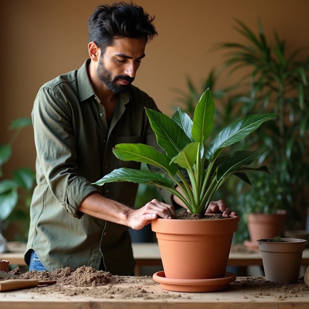Person confidently repotting a tropical plant with proper technique and care tools