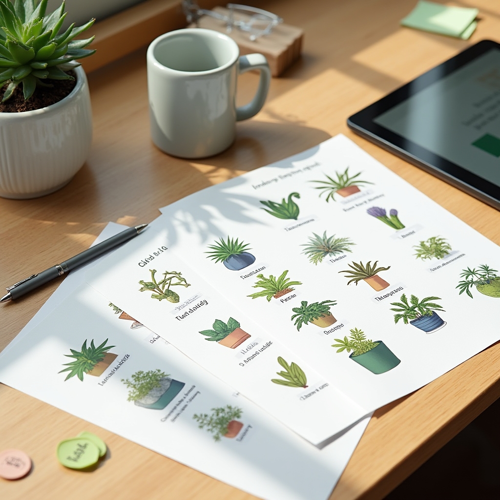 Plant care course materials spread on a desk with plant care tools and reference guides