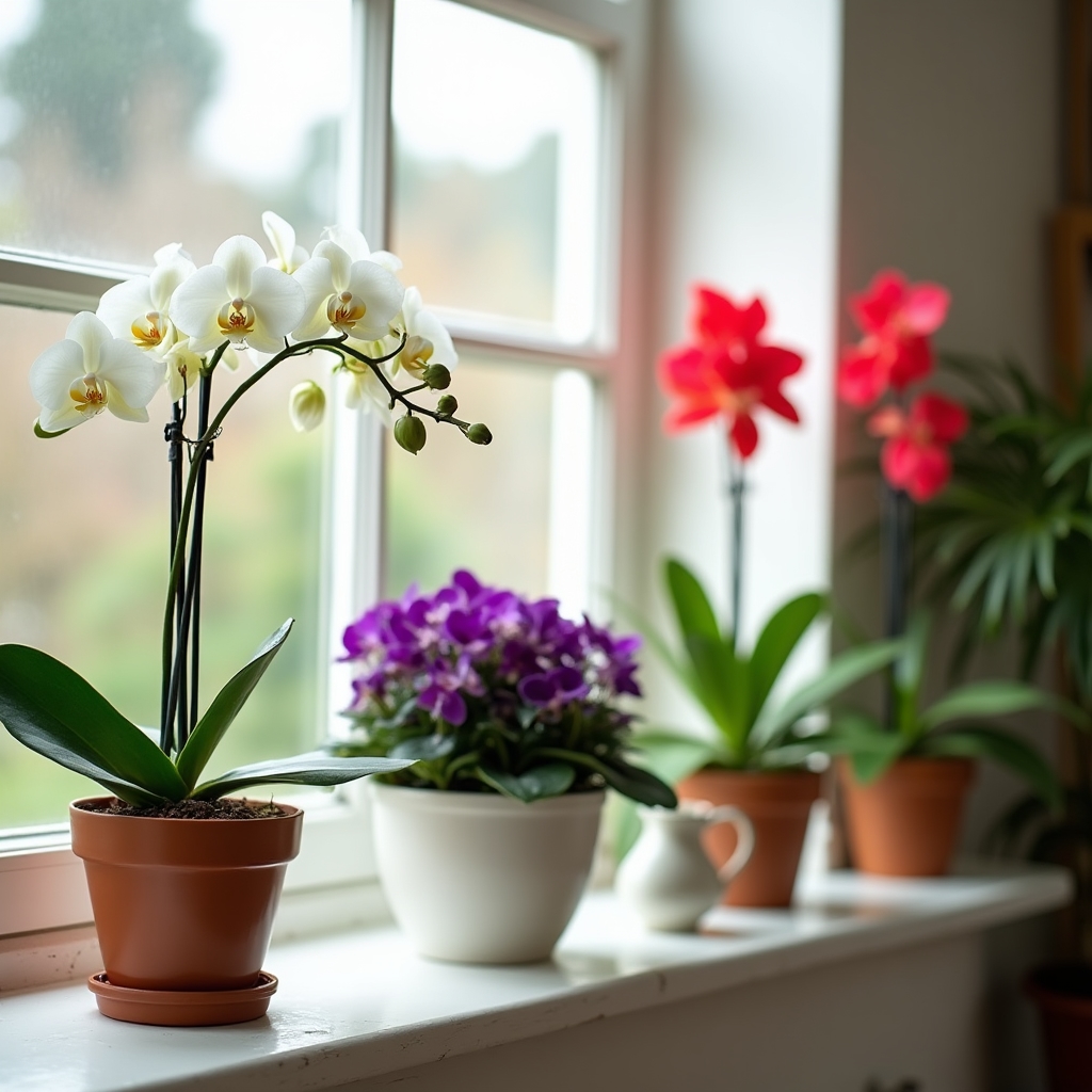 Colorful indoor flowering plants including orchids and African violets in a home setting