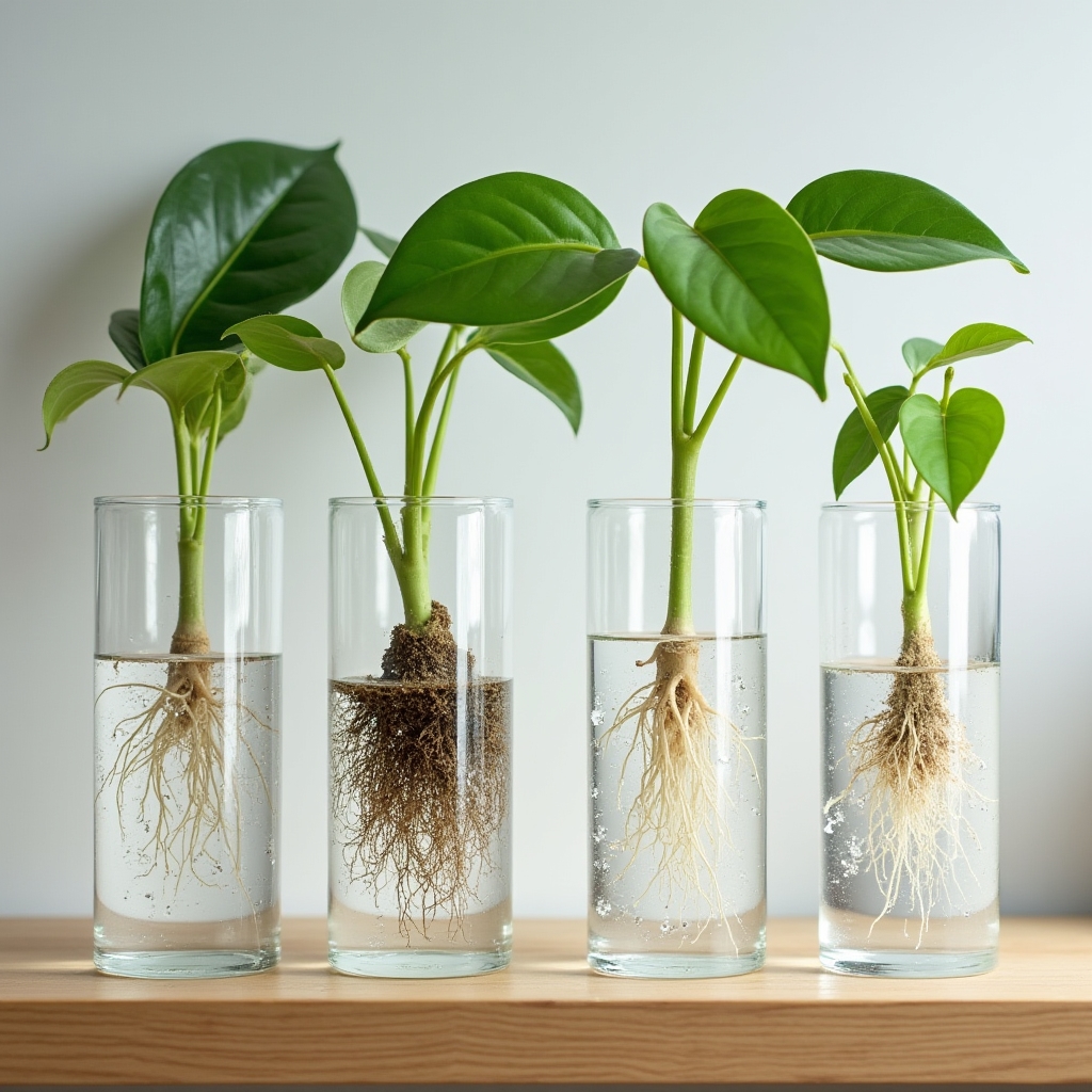 Plant cuttings propagating in glass vessels with visible root development in water