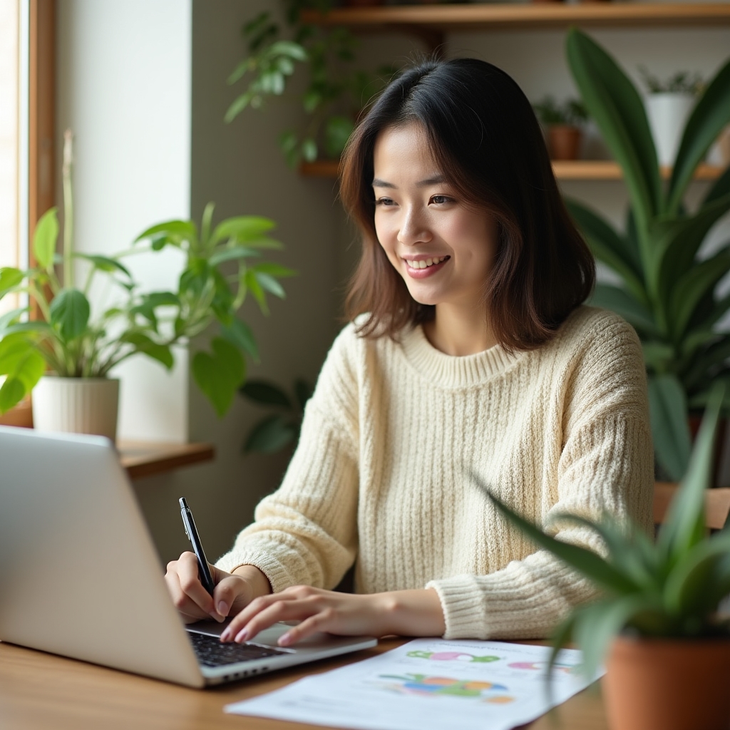 Person studying plant care course materials with houseplants nearby on a desk