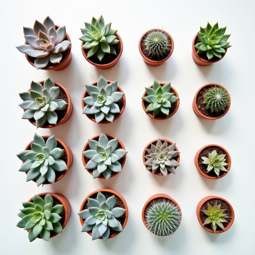 Neatly arranged succulent collection in terracotta pots on a sunny windowsill