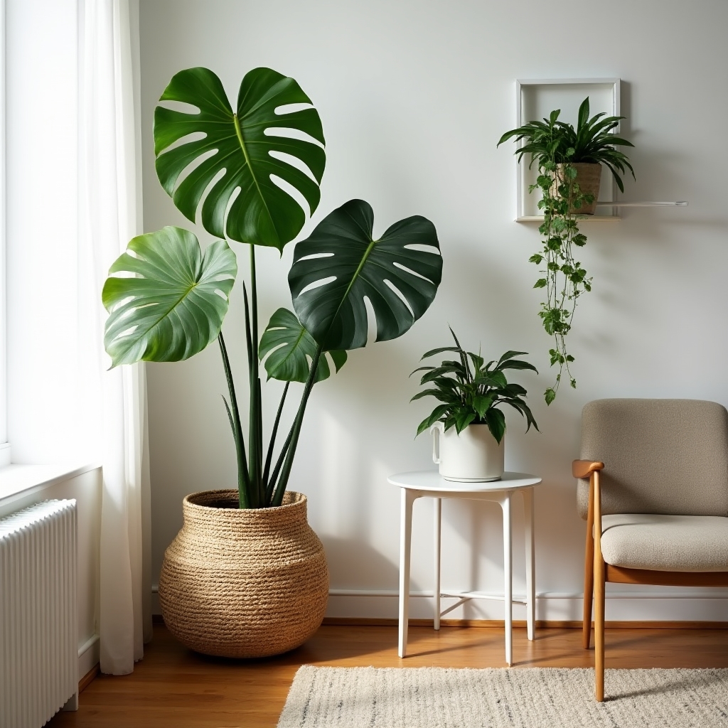 Collection of tropical houseplants including monstera and pothos in a bright room