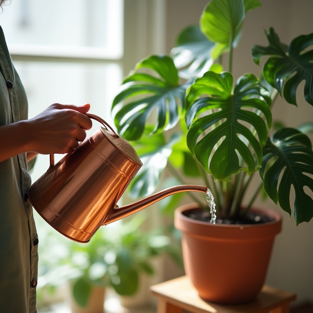 Close-up of proper watering technique for indoor houseplants